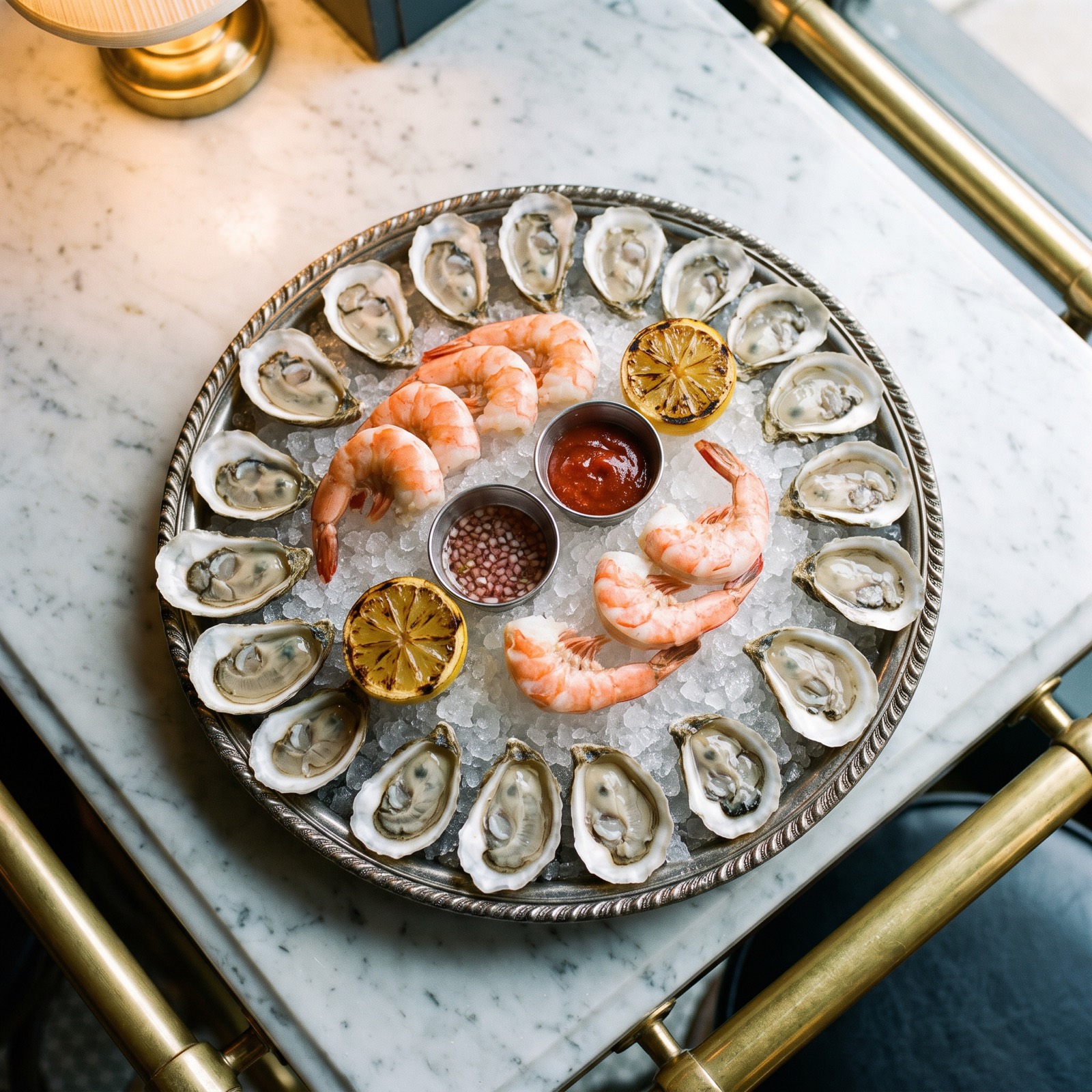 Raw bar platter on crushed ice, overhead