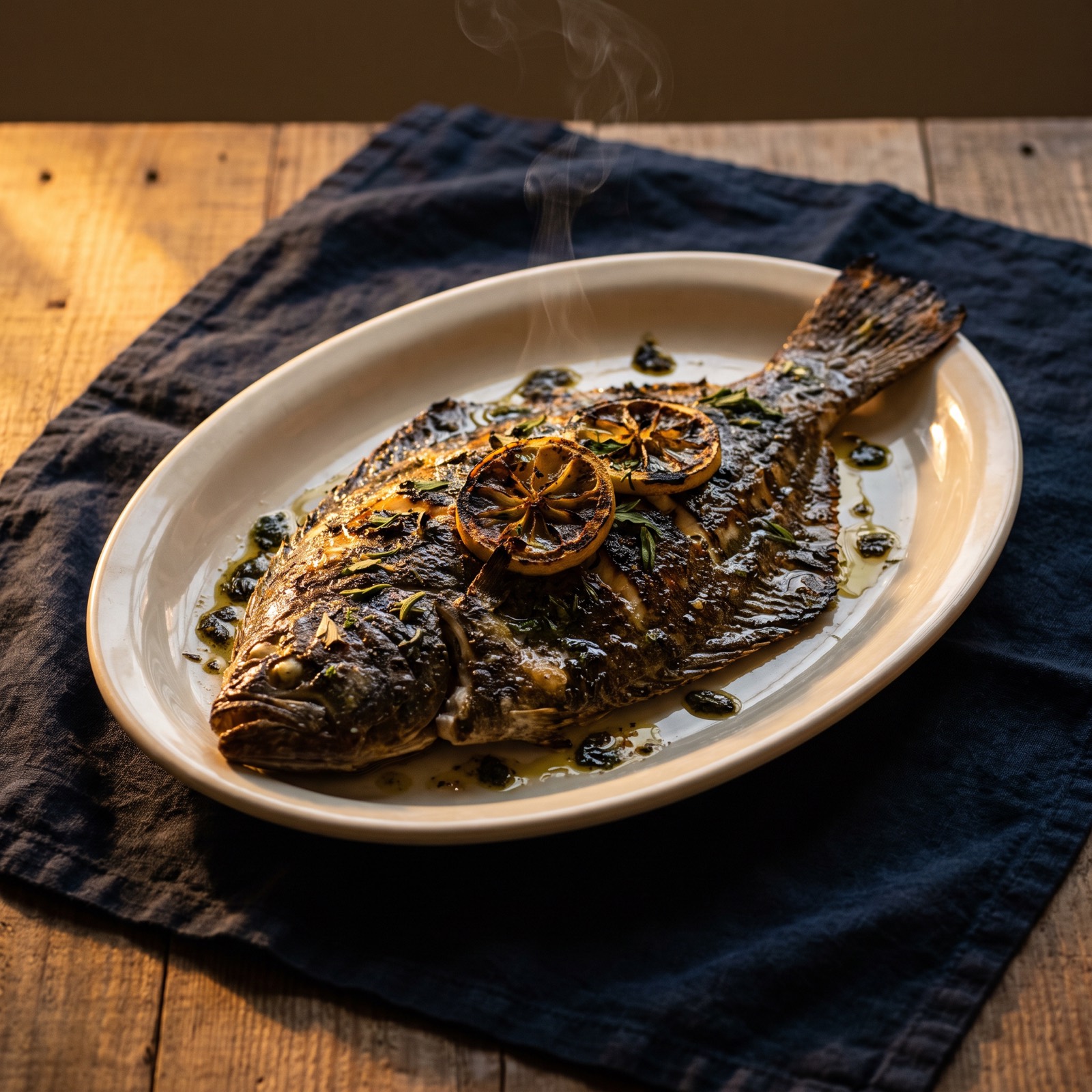 Whole wood-grilled flounder on a cream platter