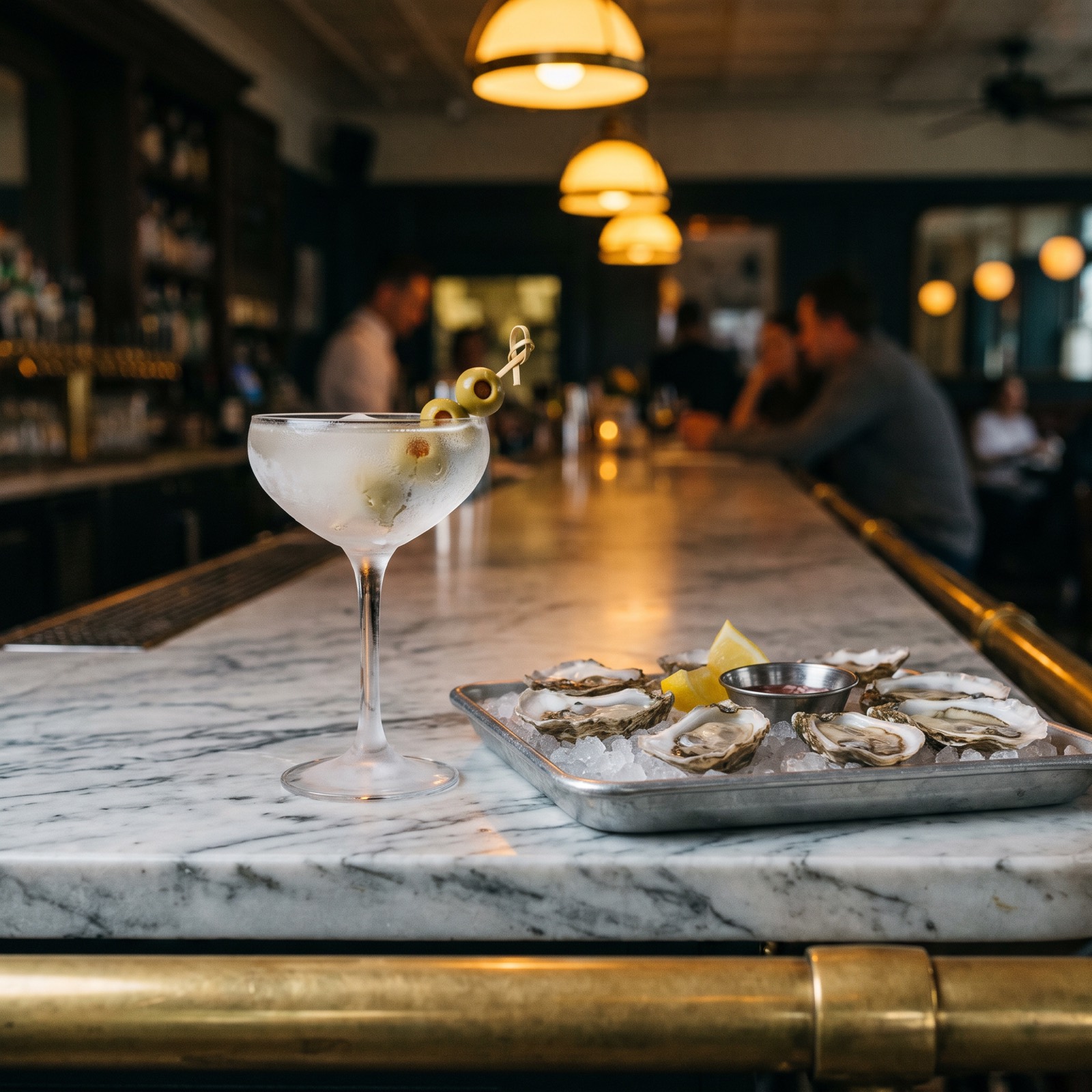 Dirty martini and oysters on the marble bar with the room behind