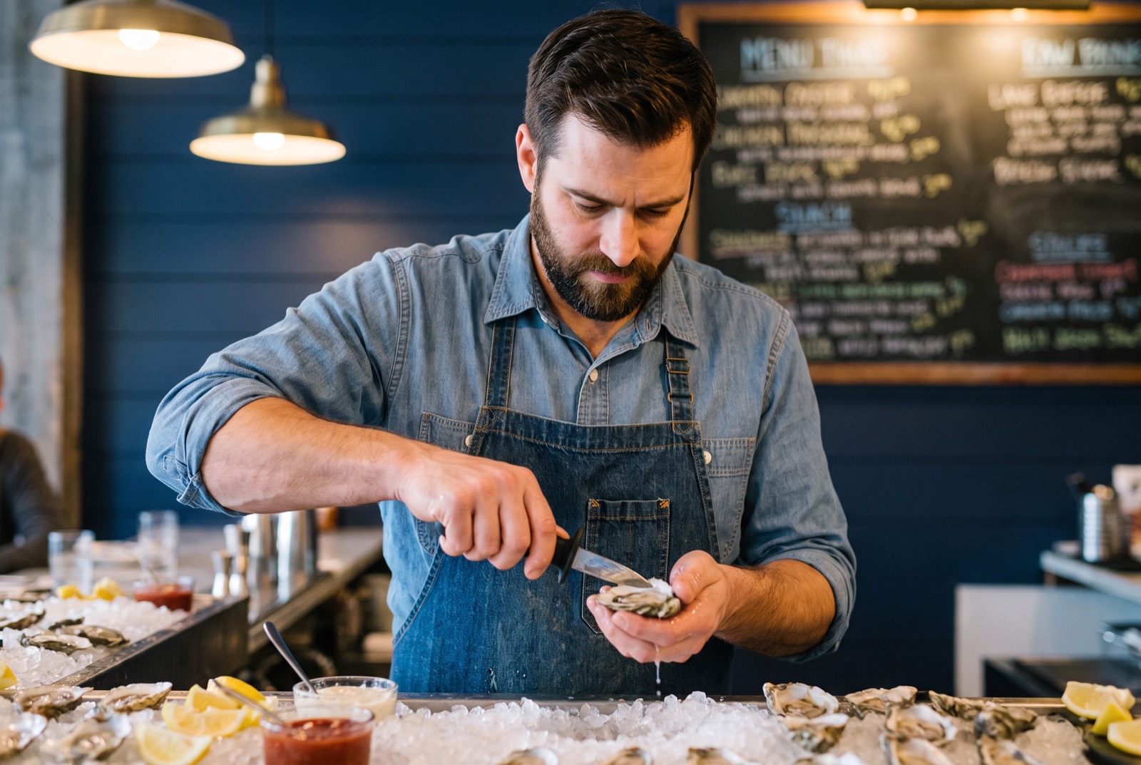 Mid-shuck at the raw bar, oyster liquor glinting