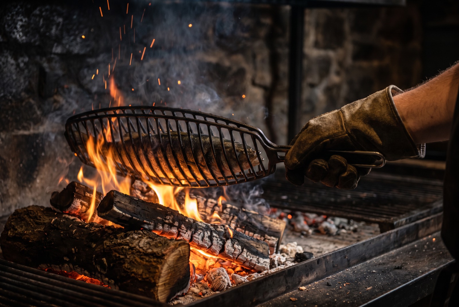 Whole fish in a grill basket over live flame