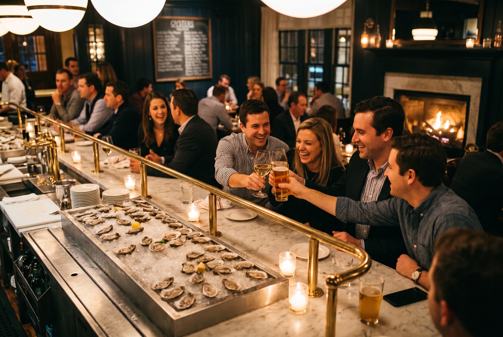 Friends clinking glasses over a shared oyster tray in the hall at night