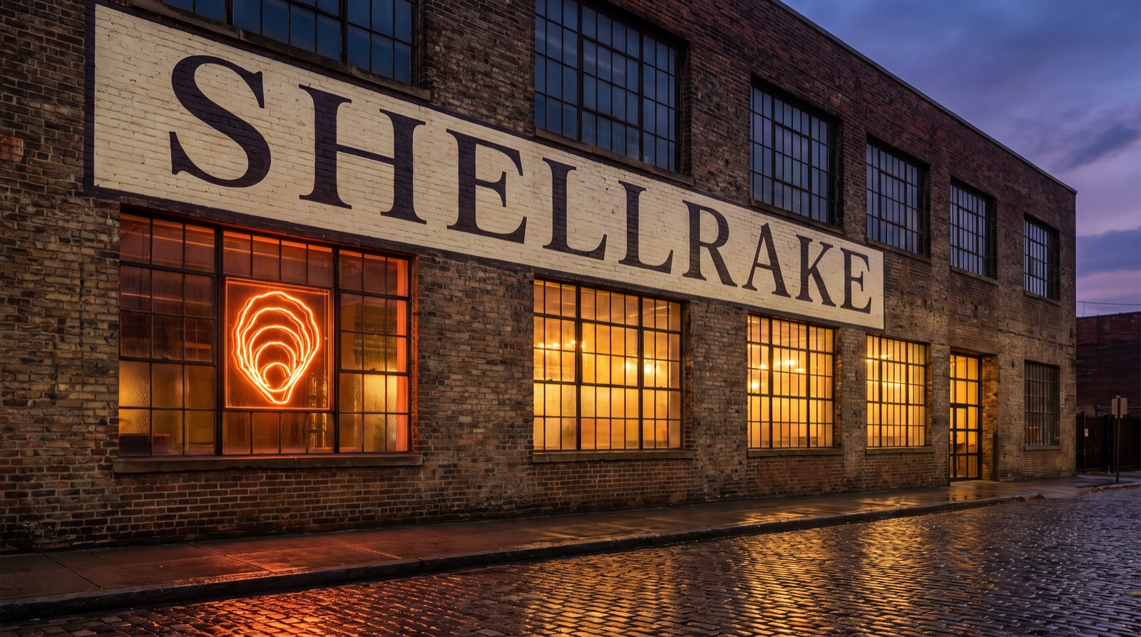 Brick warehouse at dusk with SHELLRAKE painted across the facade