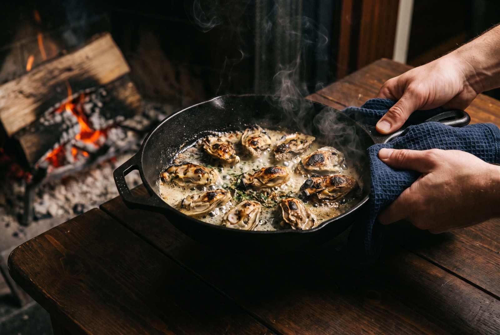 Cast iron pan of wood-roasted oysters in garlic butter with smoke