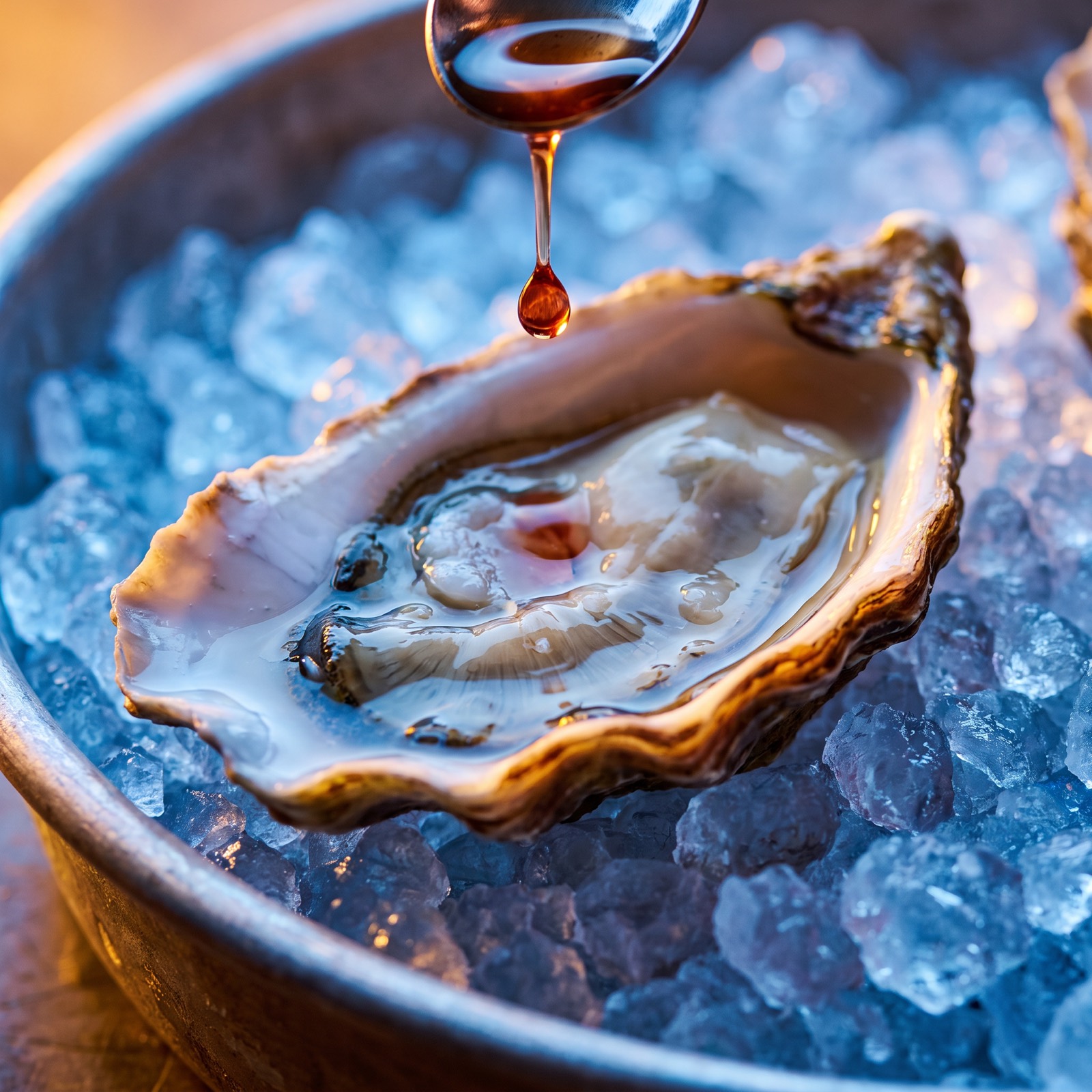 Macro of a shucked oyster with mignonette drop falling