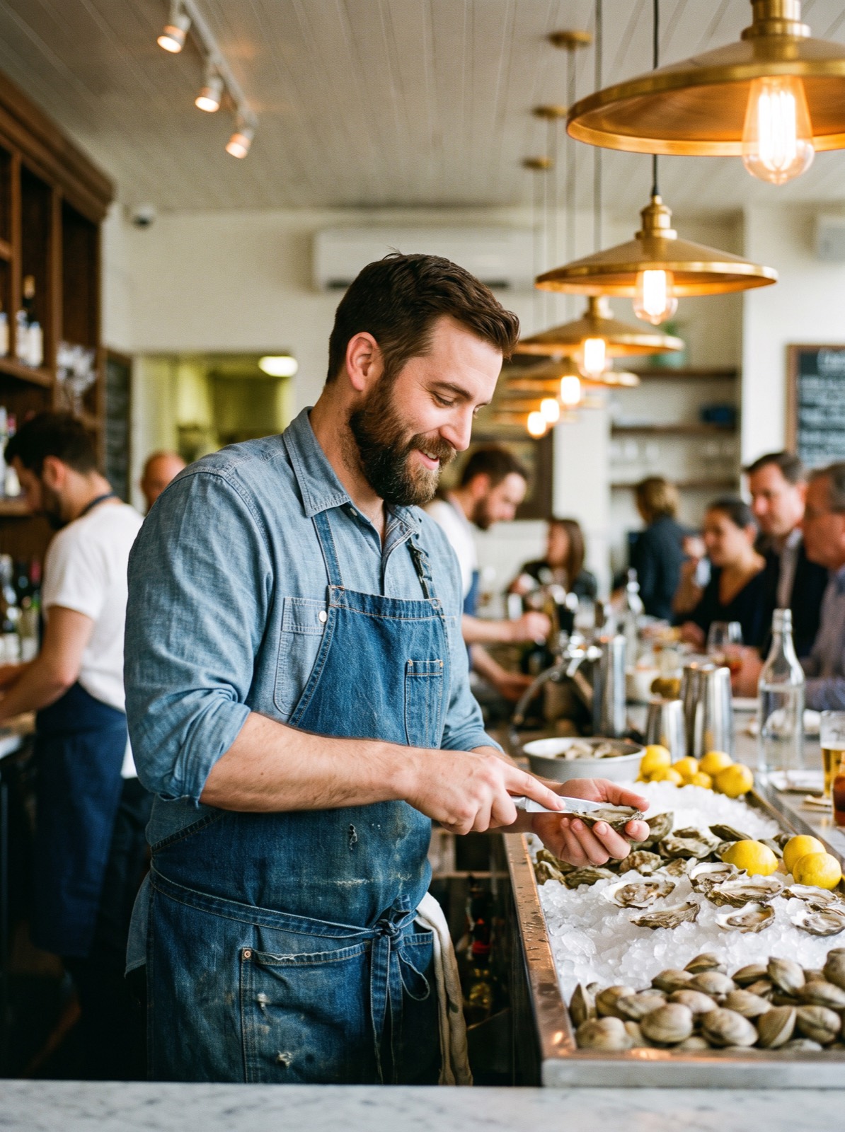 Portrait of the shucker in his denim apron with shucking knife