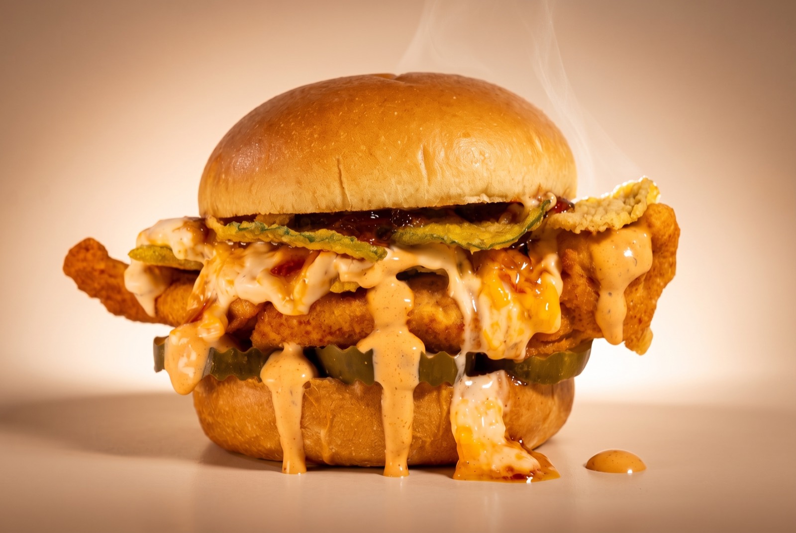 Fried chicken sandwich with pimento cheese and sauce drips, warm cinematic light