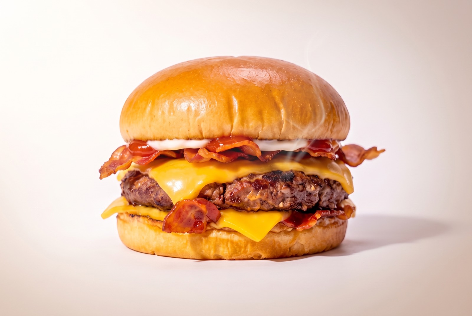 Bacon double cheeseburger with steam rising, in warm directional light