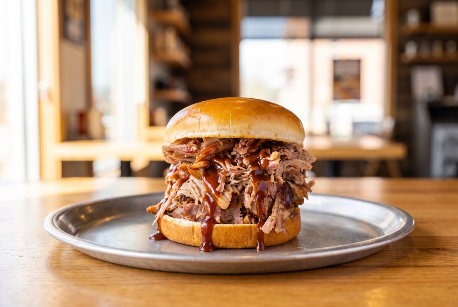Large pulled pork sandwich with barbecue sauce dripping down, on a metal tray in a bright BBQ restaurant